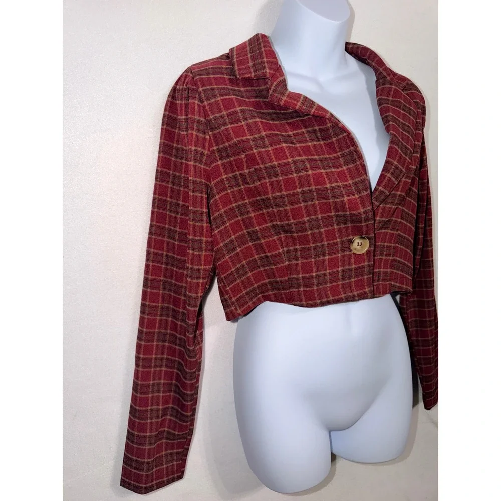 Hyfve Womens Red Plaid Cropped Single Button Blazer Top Small HF22F822